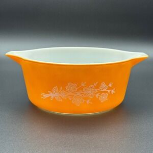 Pyrex Orange Butterfly Gold Casserole Dish 475-B 2.5 Quart Vintage
